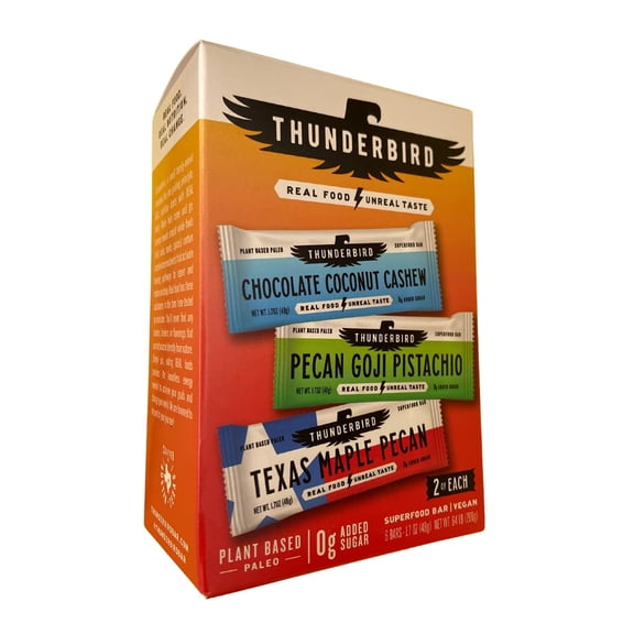 Thunderbird Real Food Energy Bar - Plant Based - Paleo - Homemade Taste and Texture - No Added Sugar, Grain, Dairy, Soy and Gluten Free, Non-GMO, 6 Pack (Texas mixed Pack)