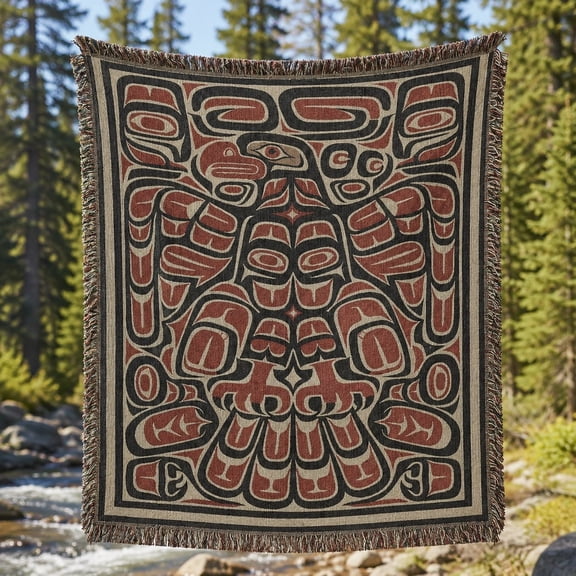 Thunderbird Woven Cotton Throw Blanket – Formline Art Design with Fringe – 3 Sizes
