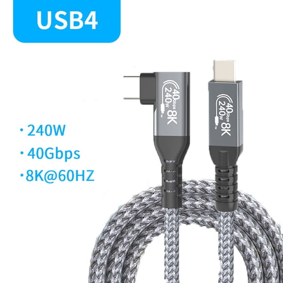 Thunderbolt 4 USB4 90 Degree Type C Cable 40Gbps USB4 Elbow USB C to Type-C Data Transfer Cable PD 240W FAST USB-C Charge Cord