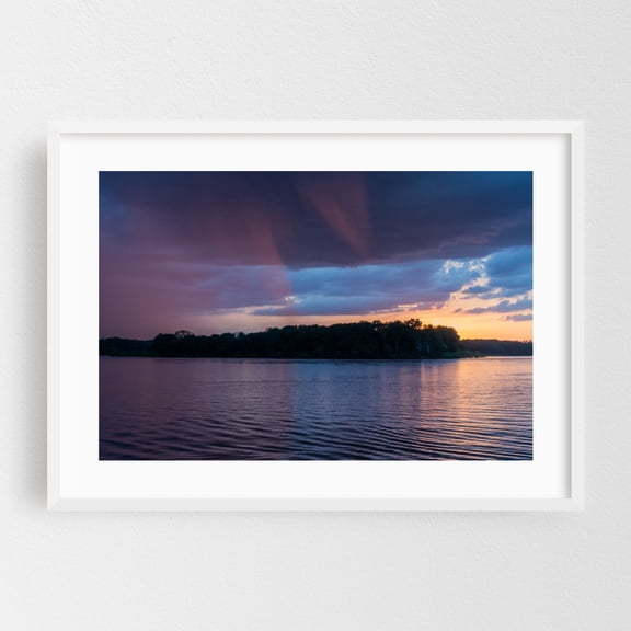 Thunderstorm at Sunset on Lake Marburg - Hanover Pennsylvania Photography Sunset Lake Nature Scenic Landscape Water Moody White Framed Wall Art Print 20 x 30 inches