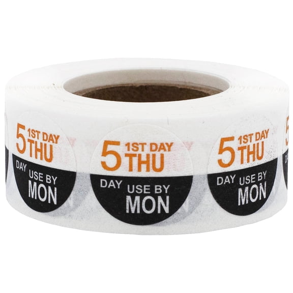 Thursday Dissolvable 5 Day Food Rotation Preparation Shelf Life Circle Stickers, 0.75 Inch Round, 500 Labels on a Roll