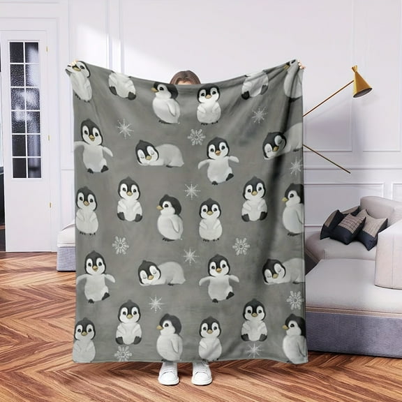Thuswarm Cute Penguin Snowflake Print Flannel Blanket - Four Seasons Soft and Cozy Bed Sofa Chair Throw Blanket, Gray Modern Design