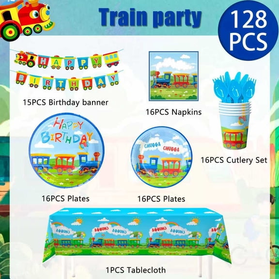 Soul's 128 Pcs Train Birthday Party Decorations Supplies, 16 Guests Train Party Tableware Set Train Plates and Cups Napkins Train Birthday Banner Tablecloth etc V14