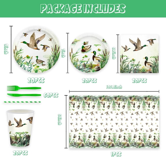 Soul's 141Pcs Mallard Duck Birthday Decorations Hunting Ducks Plates and Napkins Tablecloth Cutlery Cups Straws Party Supplies for Baby Shower Serve 20 One Lucky Duck Birthday Decorations V14
