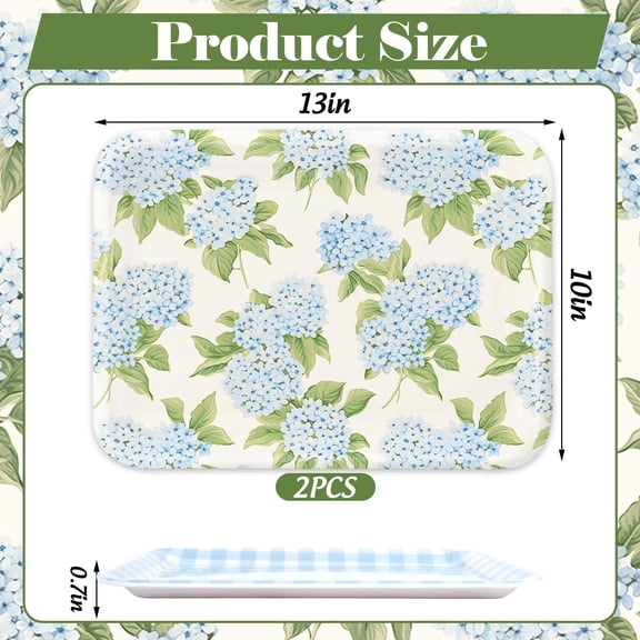 Soul's 2 Pcs Hydrangea Flower Serving Trays Melamine Platter Spring Summer Blue Plaid Floral Serving Dishes for Party Sharing Snack Fruit Dessert Supplies, 10 x 13 Inch V14