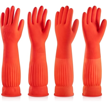 ThxToms 2 Pairs Fleece Lined Rubber Dishwashing Gloves, Waterproof Reusable Extra Long Cuffs (Large)