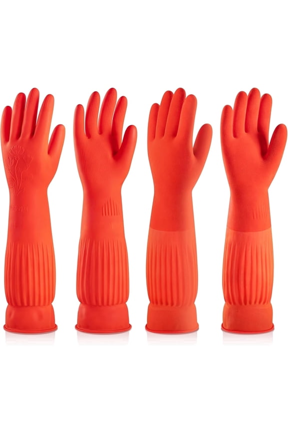 2 Pairs Fleece Lined Rubber Dishwashing Gloves, Waterproof Reusable Extra Long Cuffs (Large)