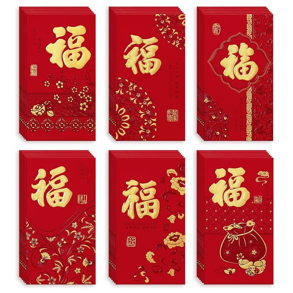 ThxToms Gold Foil Fu Red Envelopes, 36pcs Year of the Horse 2026 Lucky Money Envelopes for Chinese New Year, L