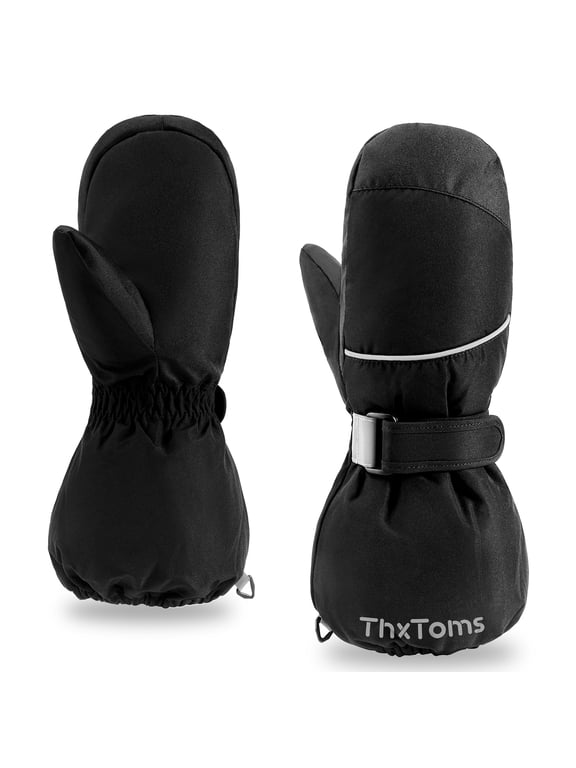 Kids Ski Mittens for Boys and Girls, Water Resistant Windproof Warm Fleece Lined Winter Snow Gloves, Black