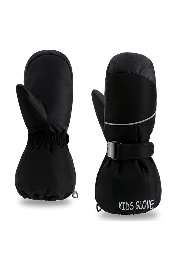 Ski Mittens Gloves for Boys and Girls, Water Resistant Windproof Warm Fleece Lined Winter Snow Gloves (Black)