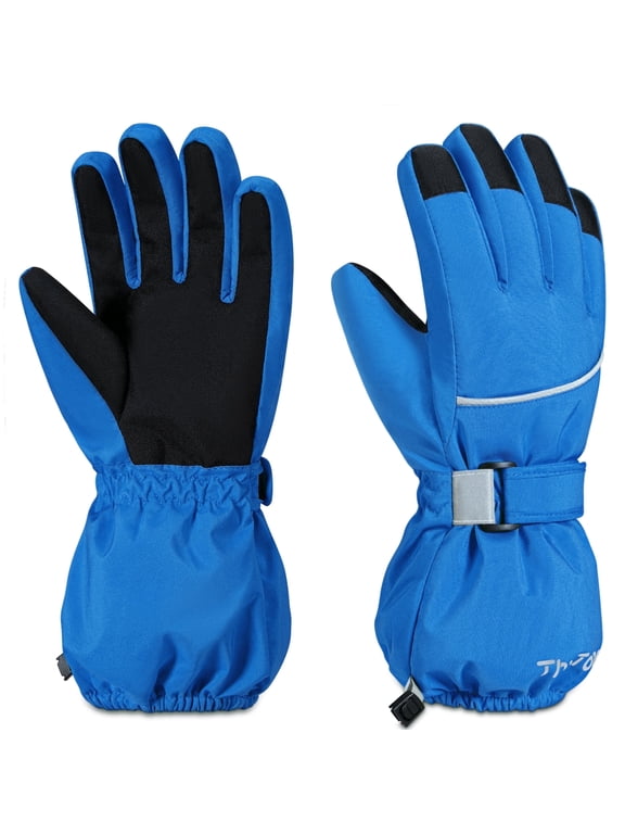 Kids Warm Gloves Winter Waterproof Snow Gloves for Outdoor Sports, Toddler Bulky Ski Gloves for Boys Girls,Blue,M