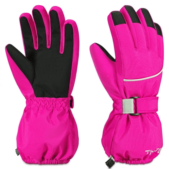 ThxToms Kids Warm Gloves Winter Waterproof Snow Gloves for Outdoor Sports, Toddler Bulky Ski Gloves for Boys Girls,Rose Red,M