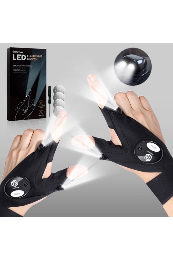 LED Flashlight Gloves with 2 Bright Lights, Gifts for Him Men Dad Husband, Cool Gadgets for Crafting Repairing Fishing, 1 Pair Black