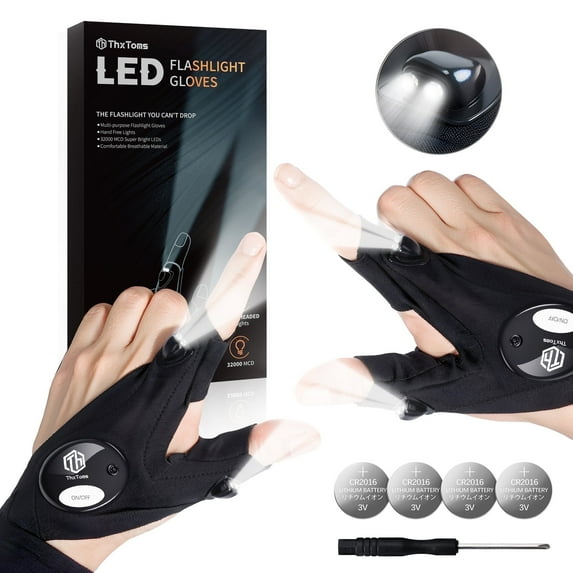 ThxToms LED Flashlight Gloves, Valentines Day Gifts for Him Men Husband, Hands-Free LED Gloves with 4 Bright Lights, Durable for Camping Fishing Repairing, 1 Pair Black