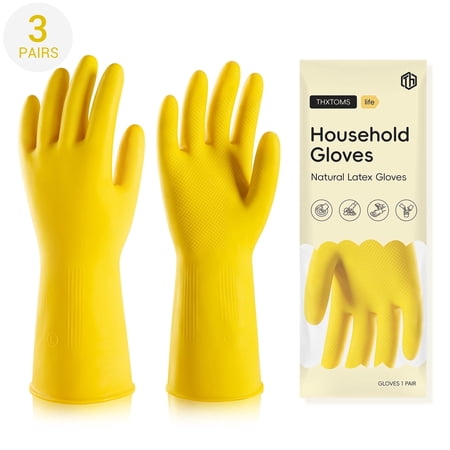ThxToms 3 Pairs Latex Dishwashing Gloves, Extra Thick 20Mil Yellow Reusable Kitchen Cleaning Gloves (Medium)