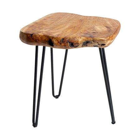 Thy Collectibles Natural Wood Live Edge Side Table, Nightstand, End Table, Accent Table with 3 Metal Hairpin Legs for Bedroom and Living Room (16" Height)
