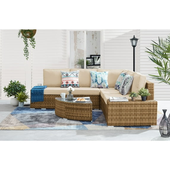 Thy-Hom 6 Piece Outdoor Wicker Sectional Seating Set, Hazelnut/Beige