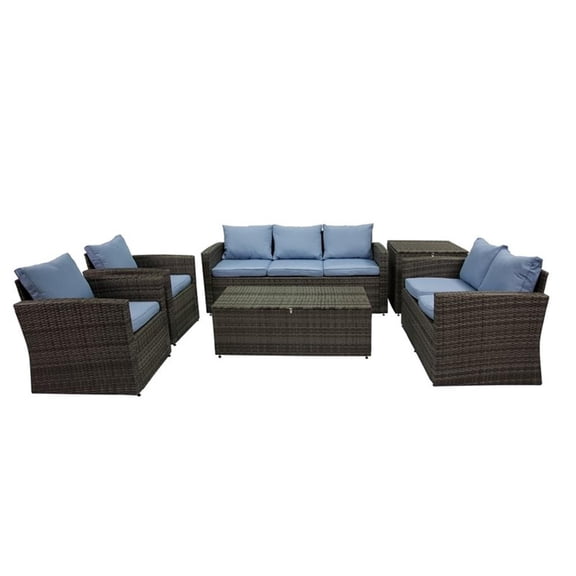 Thy-Hom Arlington 6 Piece Gray Wicker Patio Conversation Set Light Blue Cushions