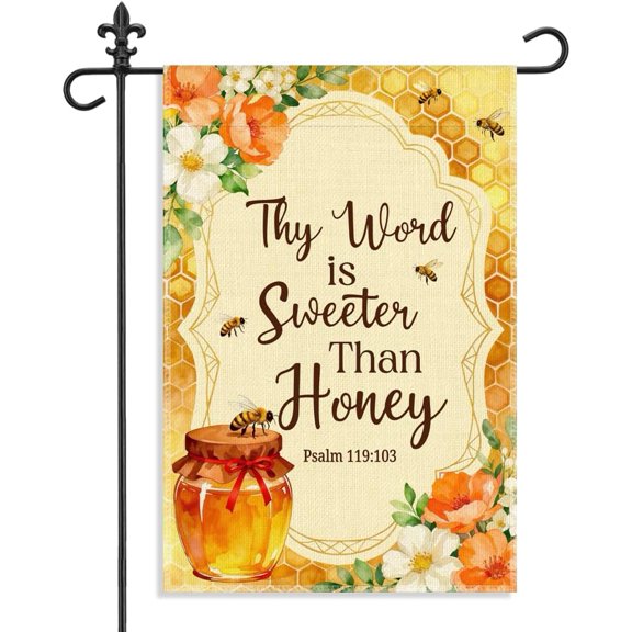 Thy Word is Sweeter Than Honey Psalm 119:103 Garden Flag, 12 x 18 Inch Double Sided Honey Bee Floral Outdoor Yard Decor, Religious Bible Verse Sign for Christian Friend Homeowner Beekeeper