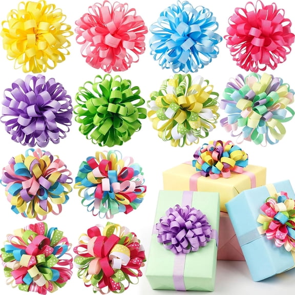 12 Pcs Curly Bows for Gift Wrapping 3.94 Inch Self Adhesive Curly Ribbon Gift Bows for Presents, Birthday Party Favors Mother's Day Wedding Holiday(Ball Style)