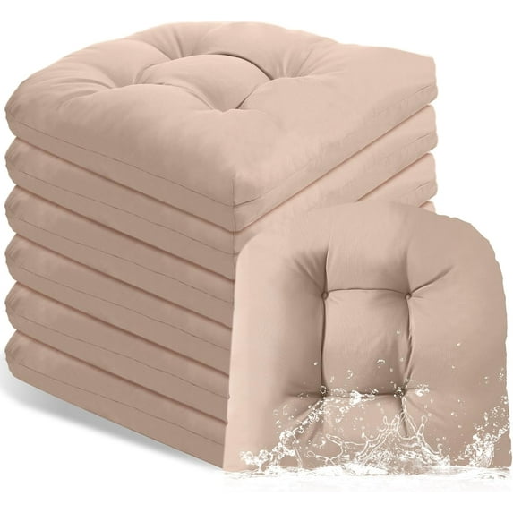 Outdoor Chair Cushions Set of 6 Waterproof Sun Protection Square Tufted Overstuffed Patio Furniture Seat Cushion for Patio Funiture Dining Indoor 19" x 19"(Khaki)