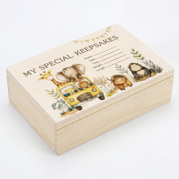 Thyle Wooden Baby Memories Keepsake Box with Animal Adventurers, Boys or Girls Keepsake Box, Parents Newborn Baptismal Birthday Gift for Memento, Storage, Decoration, Strong and Durable A101