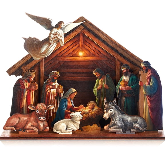 Thyle Wooden Nativity Figurine Set Christmas Birth of Jesus Story Nativity Scene Statue Table Sign Xmas Santa Religious Christian Easter Baptism First Communion Church Gift Indoor Home Decor A101