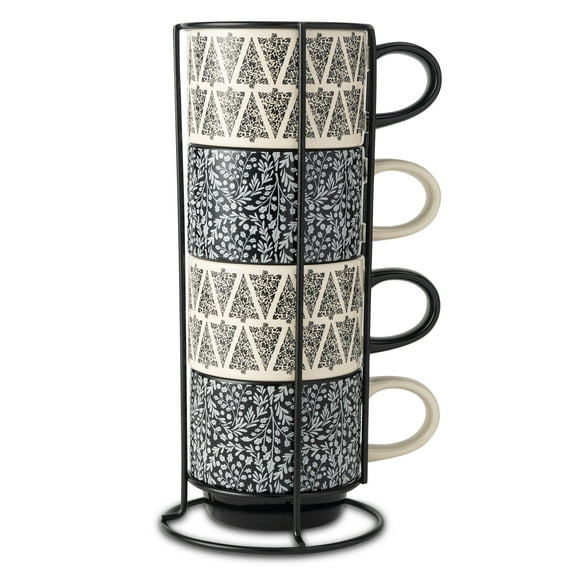 Thyme & Table 10.5 fl oz Assorted Holiday Tree Print 4-Pack Ceramic Stacking Mugs - Black and White