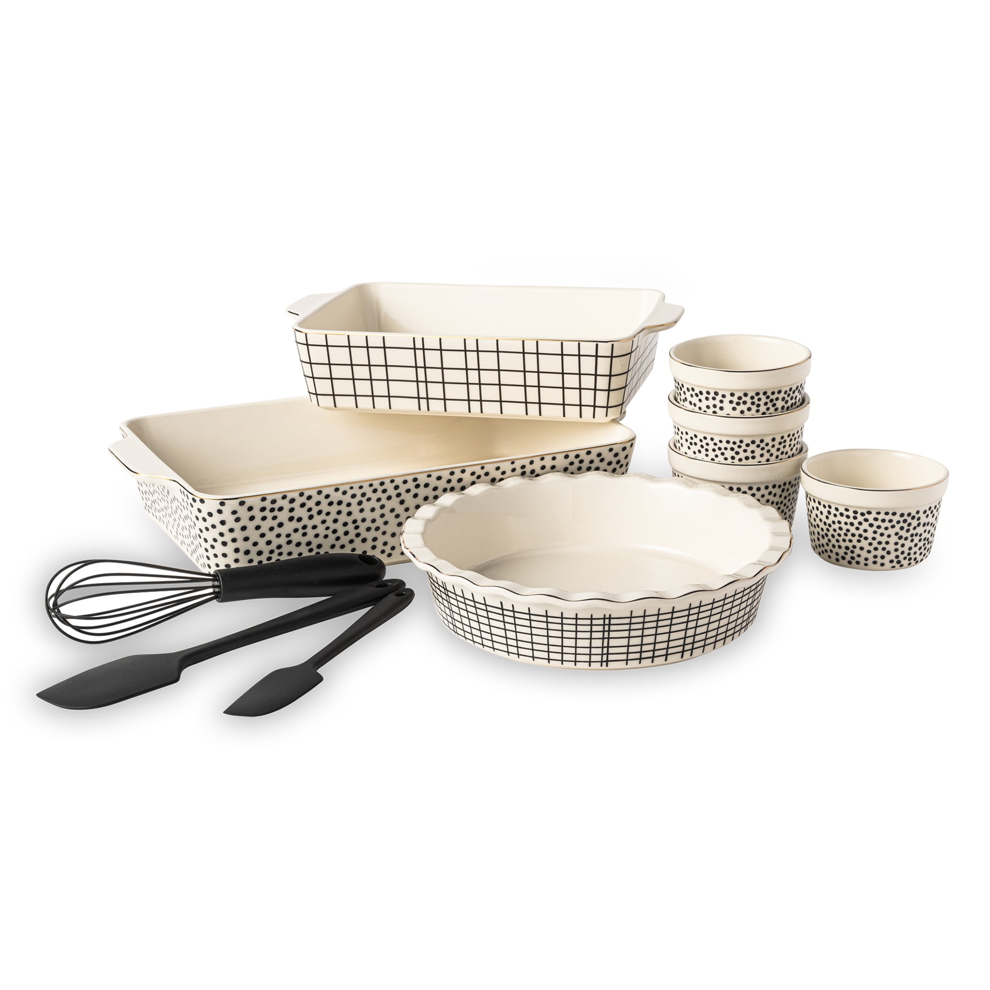 Thyme & Table, 10-Piece Ceramic Bakeware Set, with Spatulas & Whisk, Dot