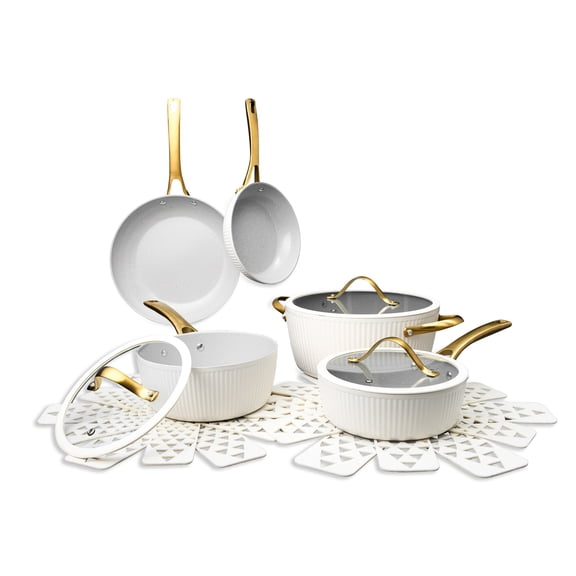 Open Box Thyme & Table 12-Piece Ceramic Non-Stick Signature Cookware Set, Non-Toxic Pots and Pans Set- White & Gold