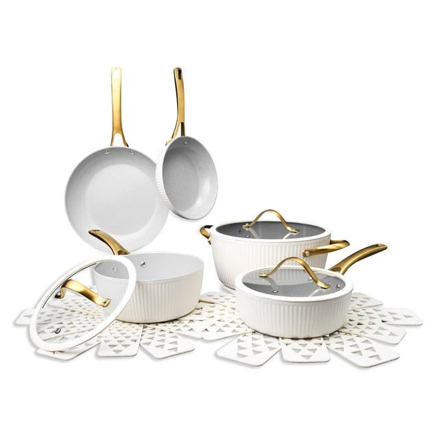 Thyme & Table 12-Piece Ceramic Non-Stick Signature Cookware Set, White & Gold