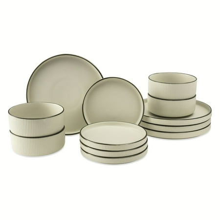 Thyme & Table 12-Piece Cream Ribbed Stoneware Dinnerware Set, Aden Collection