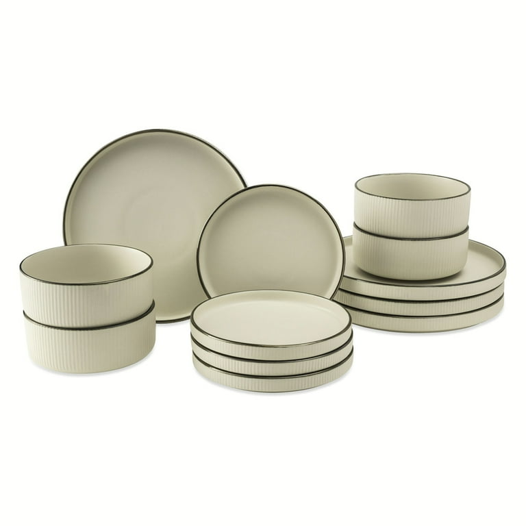 Thyme Table 12-Piece Cream Ribbed Stoneware Dinnerware Set, Aden