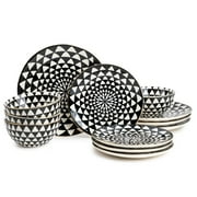 Thyme & Table 12-Piece Dinnerware Stoneware Set, Black & White Medallion Collection