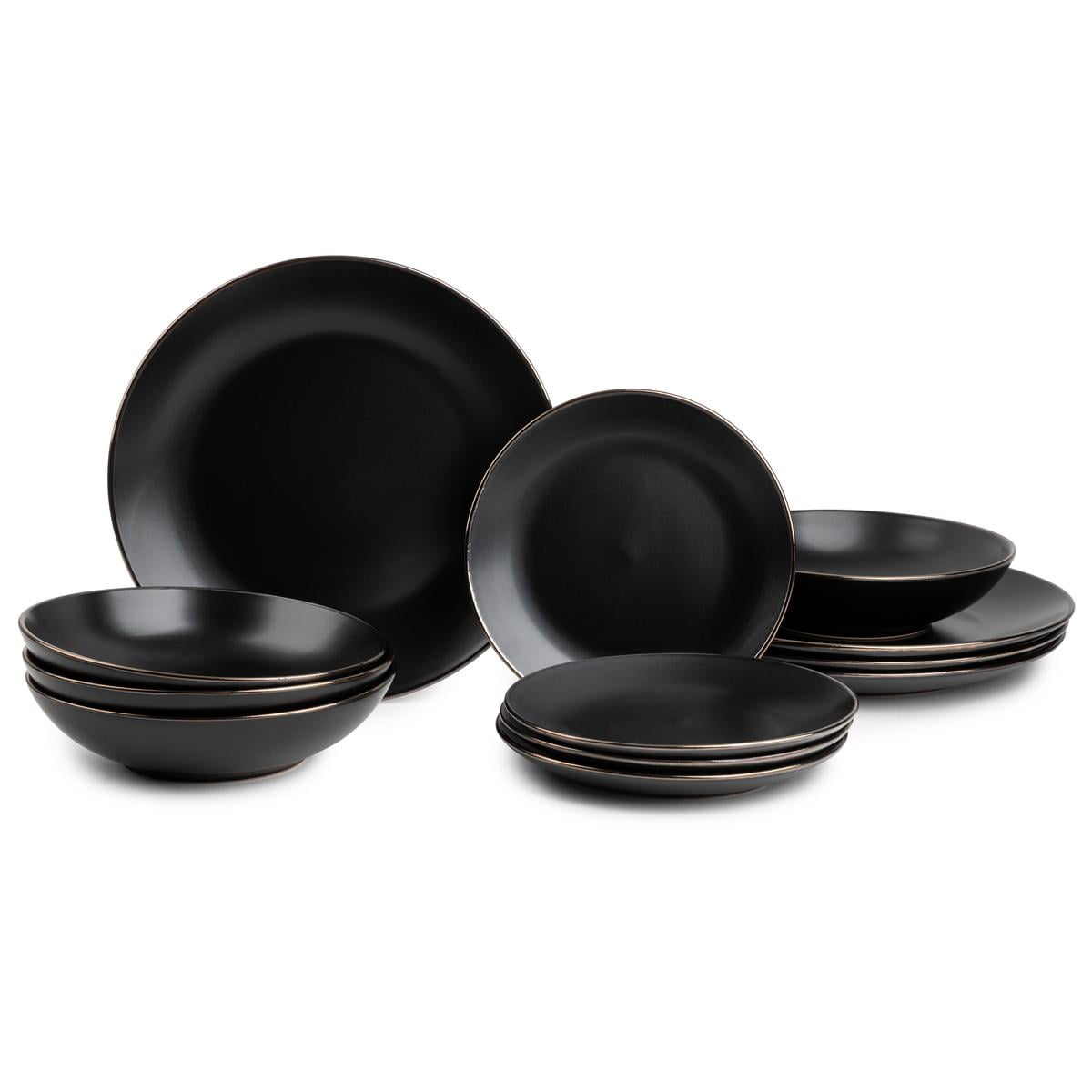 Thyme & Table 12-Piece Stoneware Dinnerware Set, Black Onyx Collection