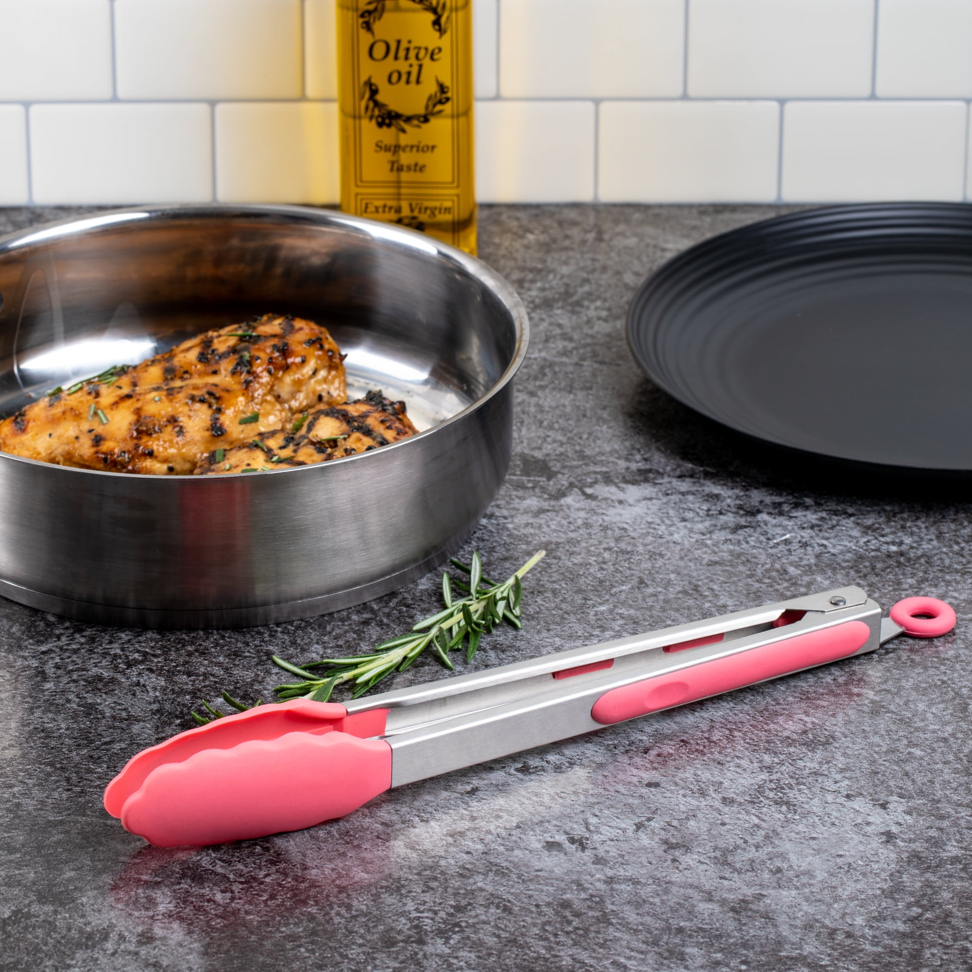 Thyme & Table 12" Stainless Steel and Silicone Locking Tongs, Coral
