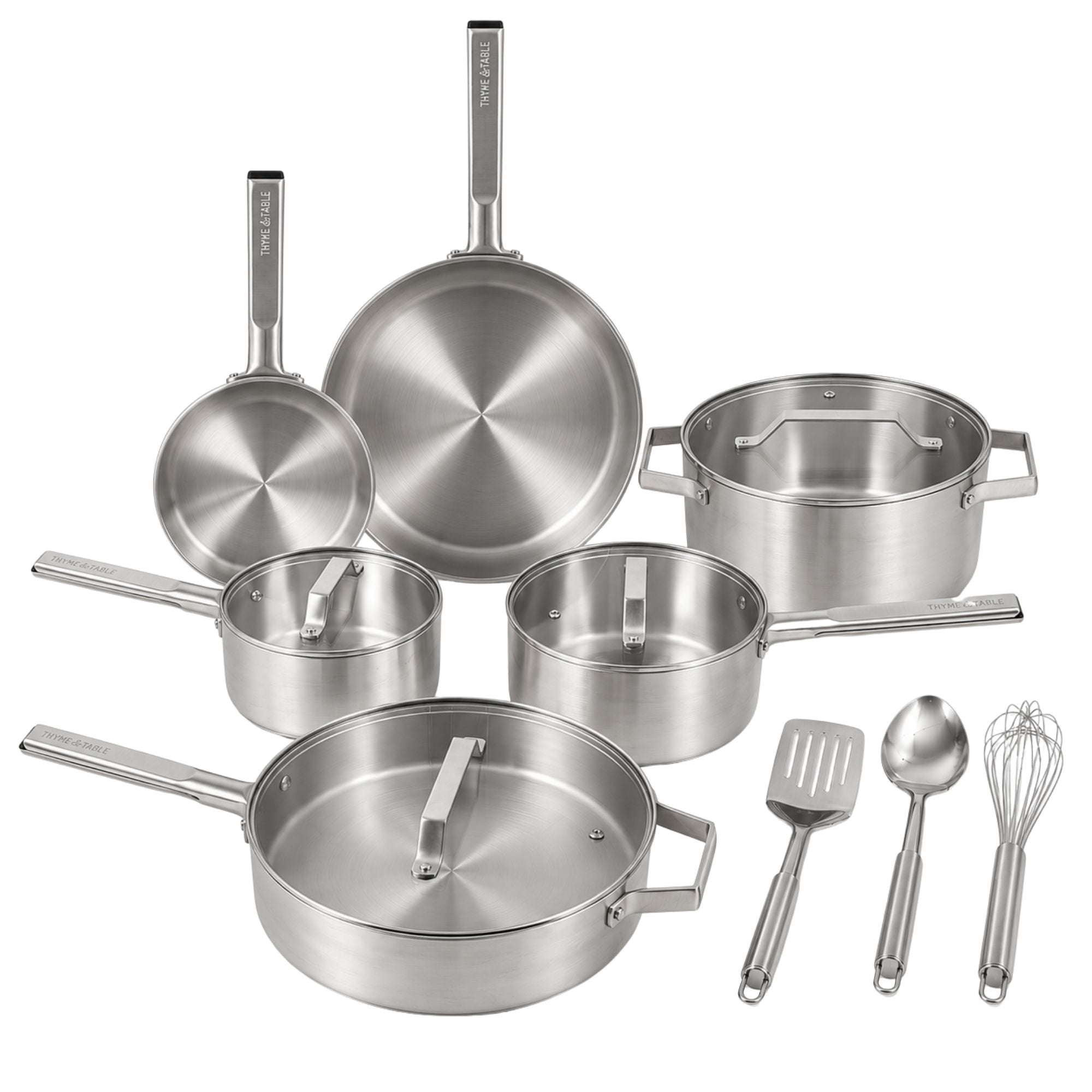 Thyme & Table 13-Piece Stainless Steel Cookware Set with Glass Lids and Stainless Steel Utensils