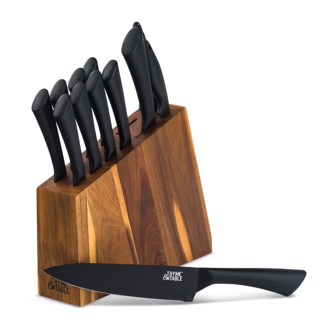 Thyme & Table 13-Piece Stainless Steel Kitchen Knife Block Set with Slim Acacia Wood Block