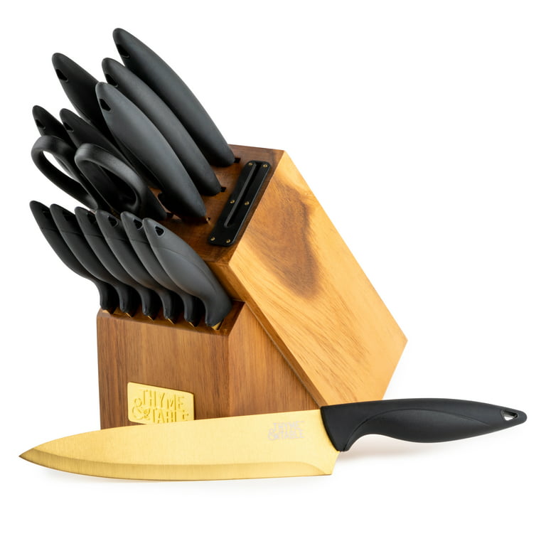 Black and Gold Knife Set with Block - 14 Piece Gold Knife Set with  Sharpener