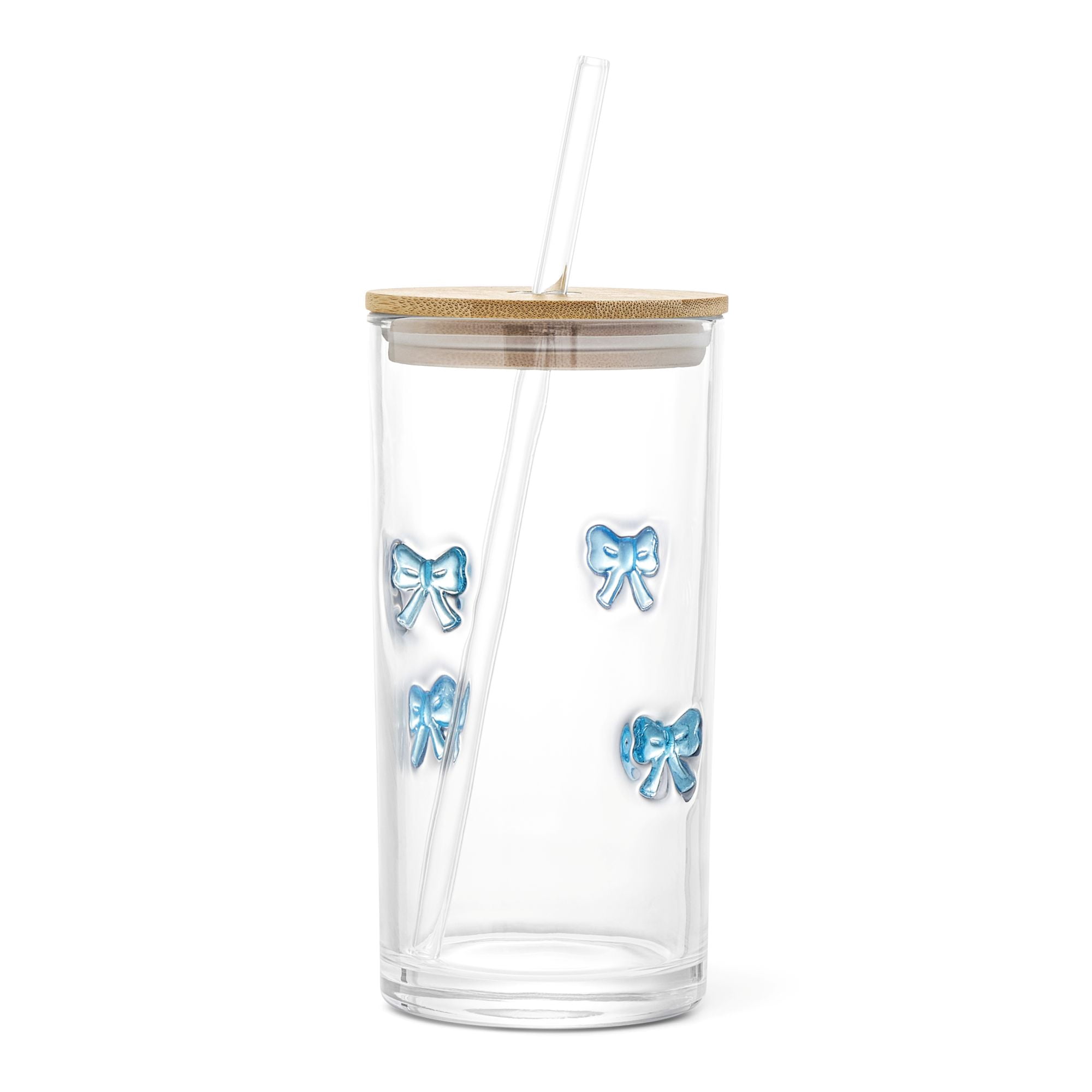 Thyme & Table 17 fl oz Blue Bow Charm Sipper with Glass Straw and Wood Lid