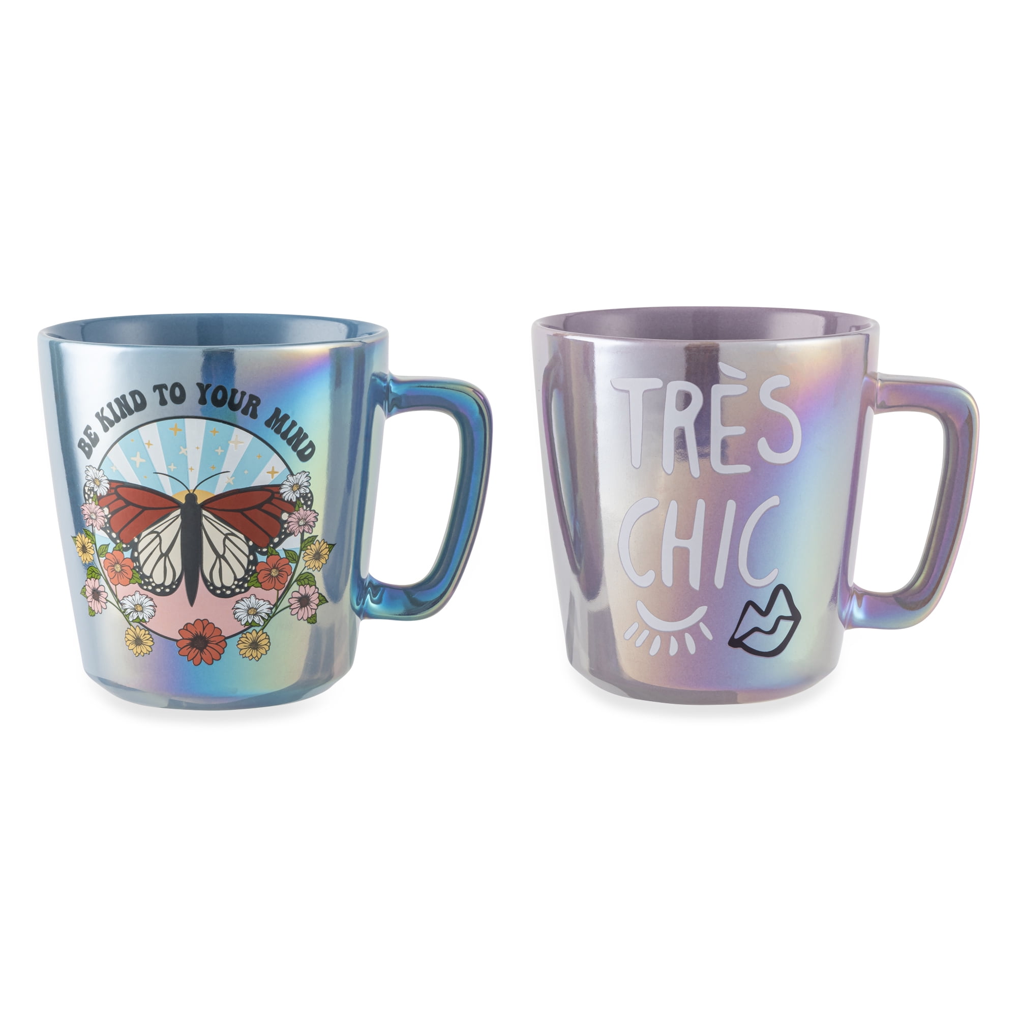 Thyme & Table 2 Pack Kind to Your Mind Blue and Tres Chic Purple Pearlized Mugs 19.9 fl oz, Stoneware