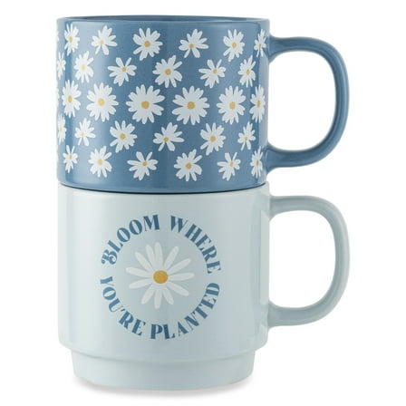 Thyme & Table 2 Pack Stacking Daisy Bloom and Where Planted Blue Mugs 14.2 fl oz, Stoneware