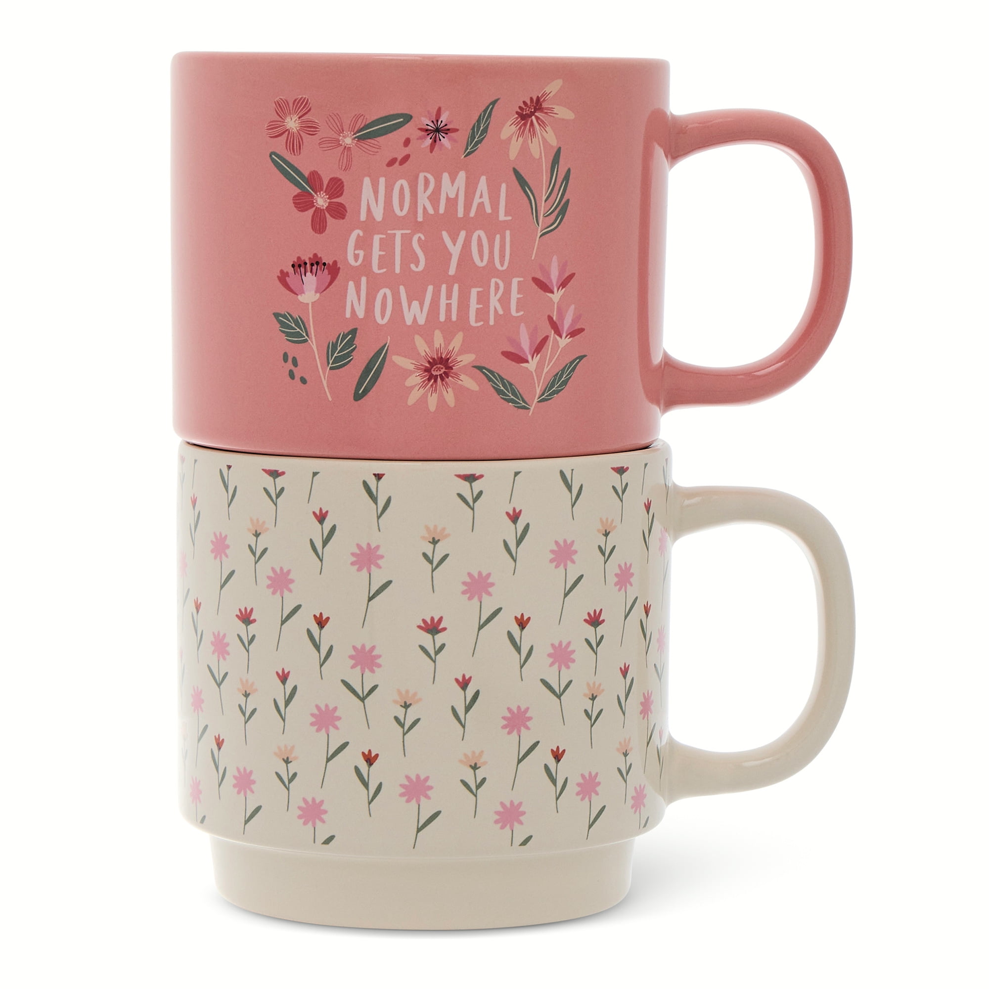 Thyme & Table 14.2 fl oz Floral Pink and White Stoneware Stacking Mugs, Set of 2