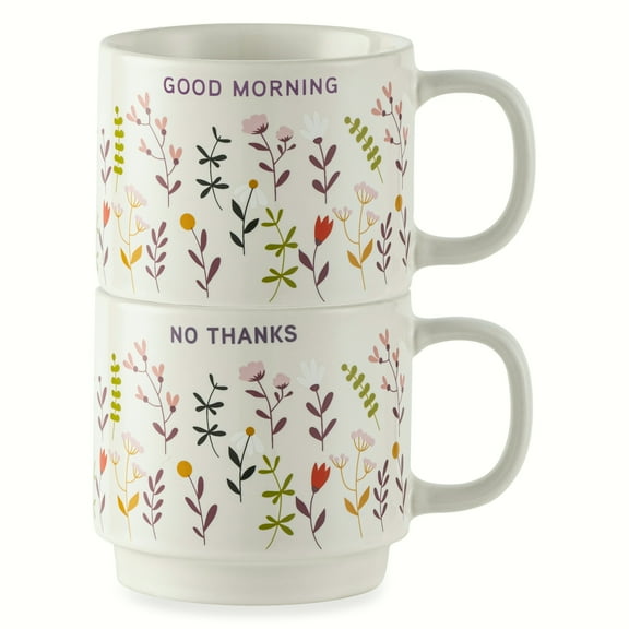 Thyme & Table 2 Pack Stacking Good Morning & No Thanks with Flowers Cream Mugs 14.2 fl oz, Stoneware