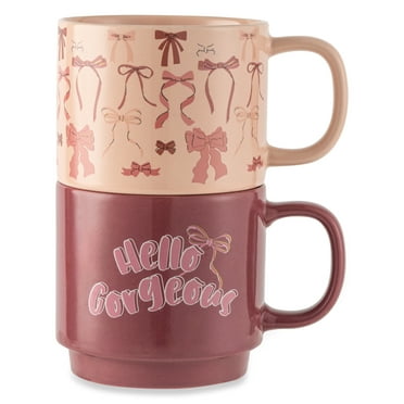 Thyme & Table 2 Pack Stacking Hello Gorgeous and Pink Bows Mugs 14.2 fl oz, Stoneware