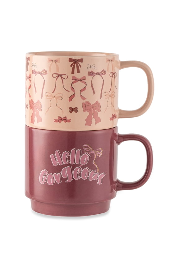 Thyme & Table 14.2 fl oz Hello Gorgeous and Pink Bows Stoneware Stacking Mugs, Set of 2