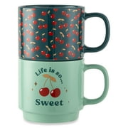 Thyme & Table Stacking Stoneware Mugs, 2-Pack, Life is Sweet and Cherries, 14.2 fl oz
