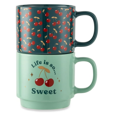Thyme & Table 2 Pack Stacking Life is Sweet and Cherries Green Mugs 14.2 fl oz, Stoneware
