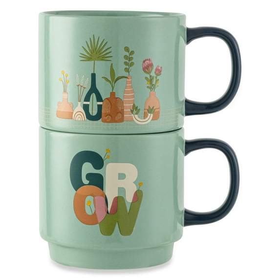 Thyme & Table 2 Pack Stacking Plant and Grow Gardens Green Mugs 14.2 fl oz, Stoneware