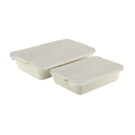 Thyme & Table 4-Piece Stoneware Casserole Dish Bakeware Set, Includes Lids, 9"x13" , 7"x10" Bakers With Lids , White Ribbed
